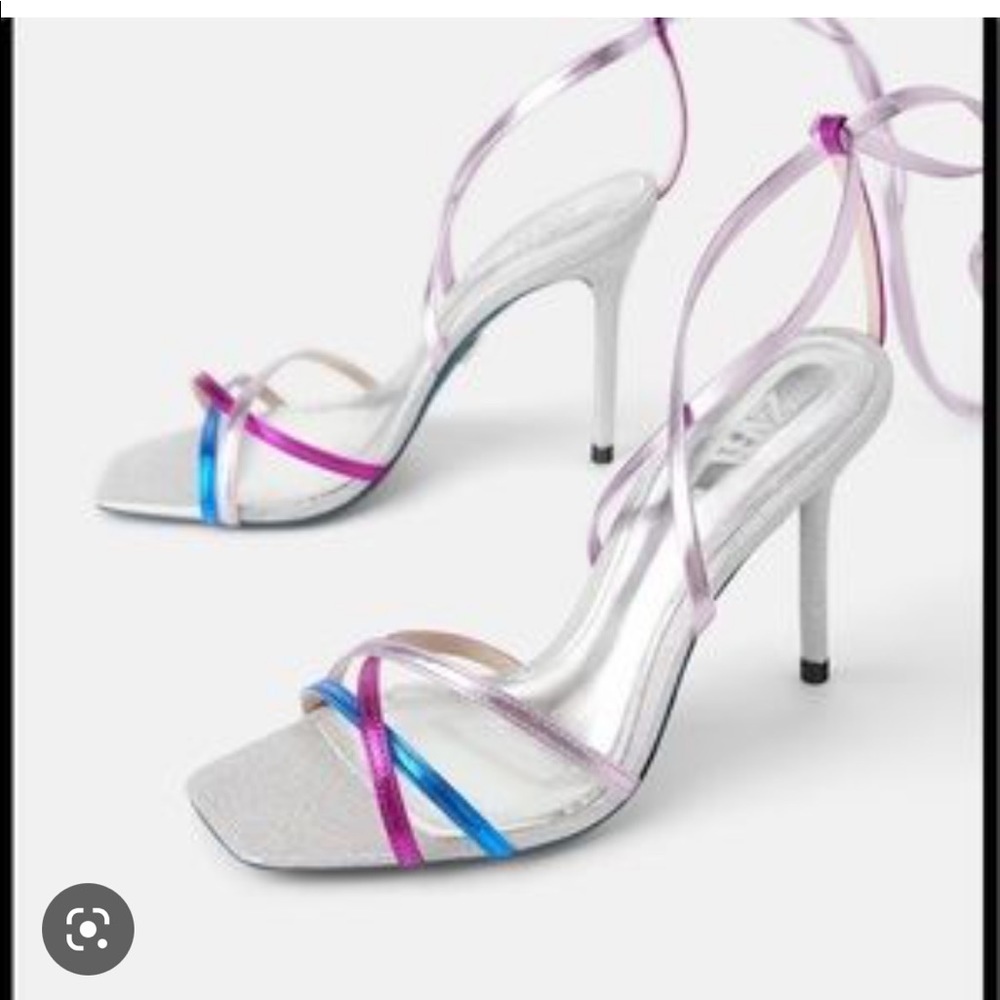 Zara Metallic Strappy Tied Leather Heel Sandals